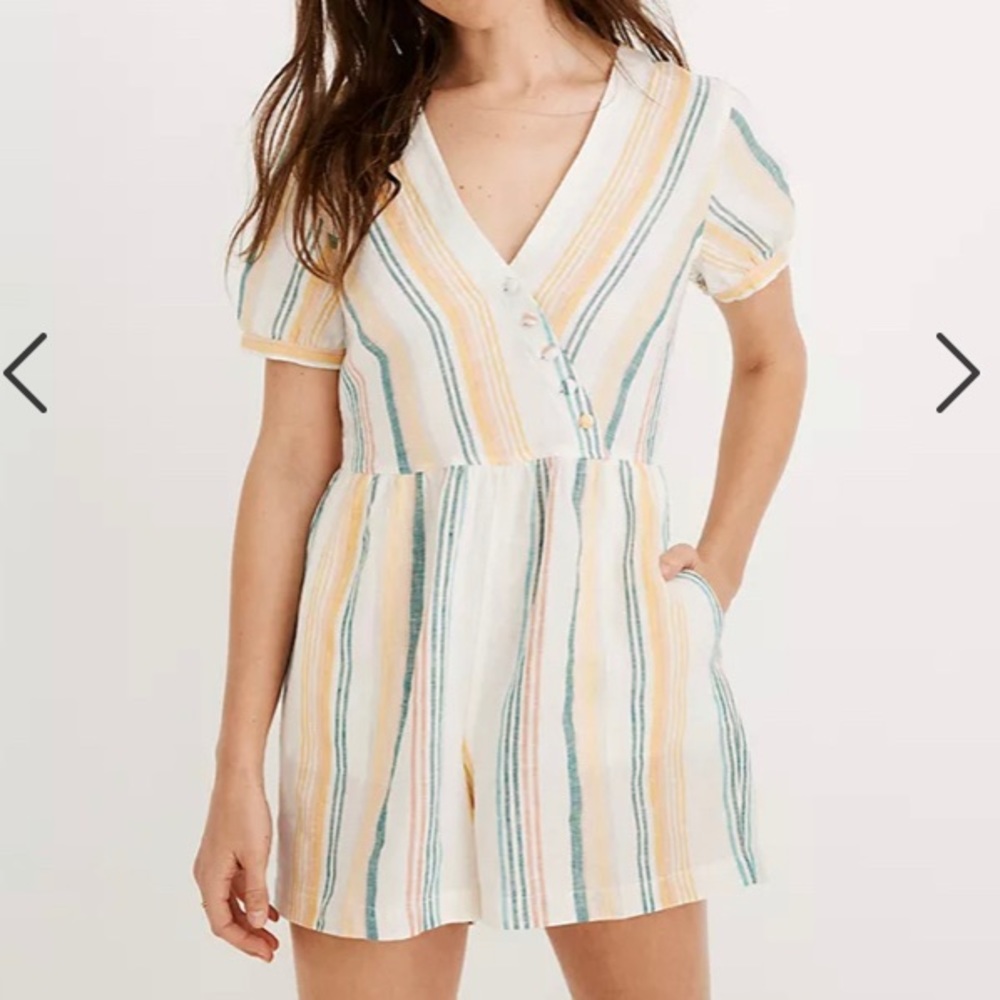 Madewell Linen Button-Wrap Romper in Stripe Sz 6